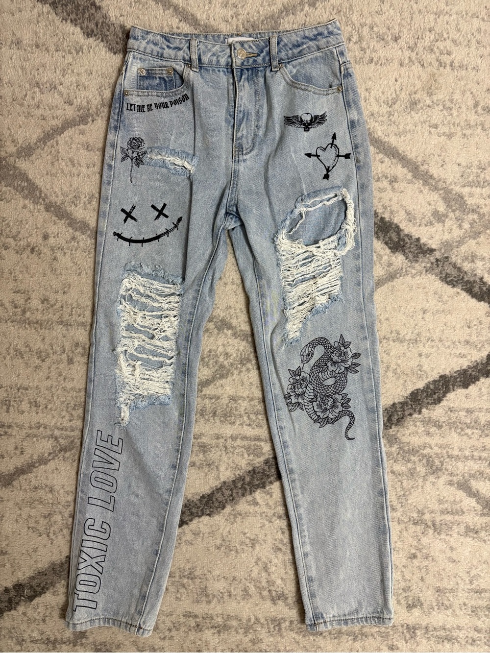 Adika Light Blue Distressed Boyfriend Jeans with Black Graphics
